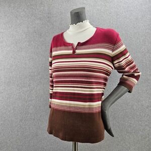 CB CASUAL | Women L Burgundy Brown Striped Henley 3/4 Sleeve Cotton Top